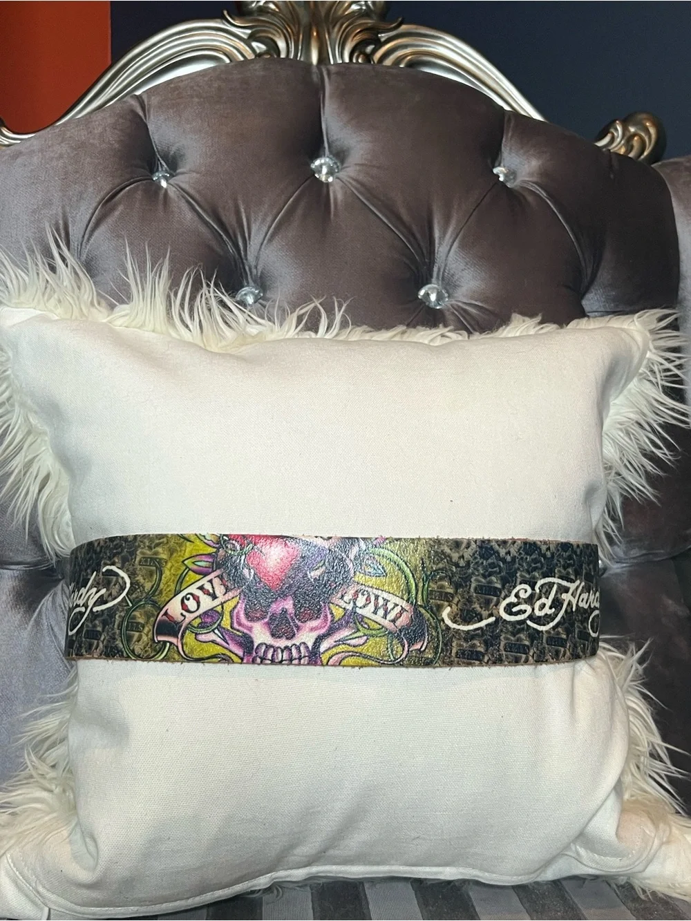 💀🖤 Ed Hardy Tattoo Art Leather Statement Belt with Skull & 